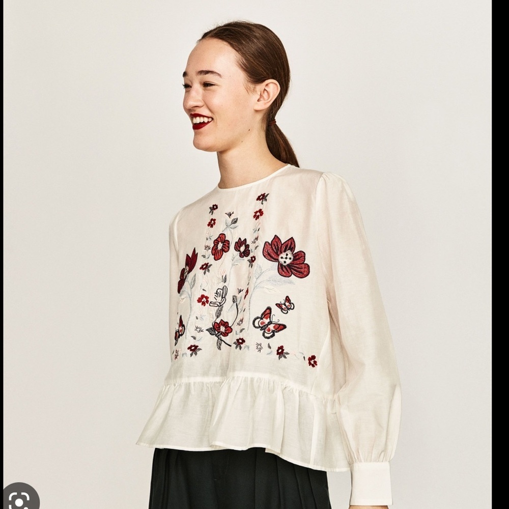 Zara Silk Floral Embroidered Ruffle Top Cream Color size XS